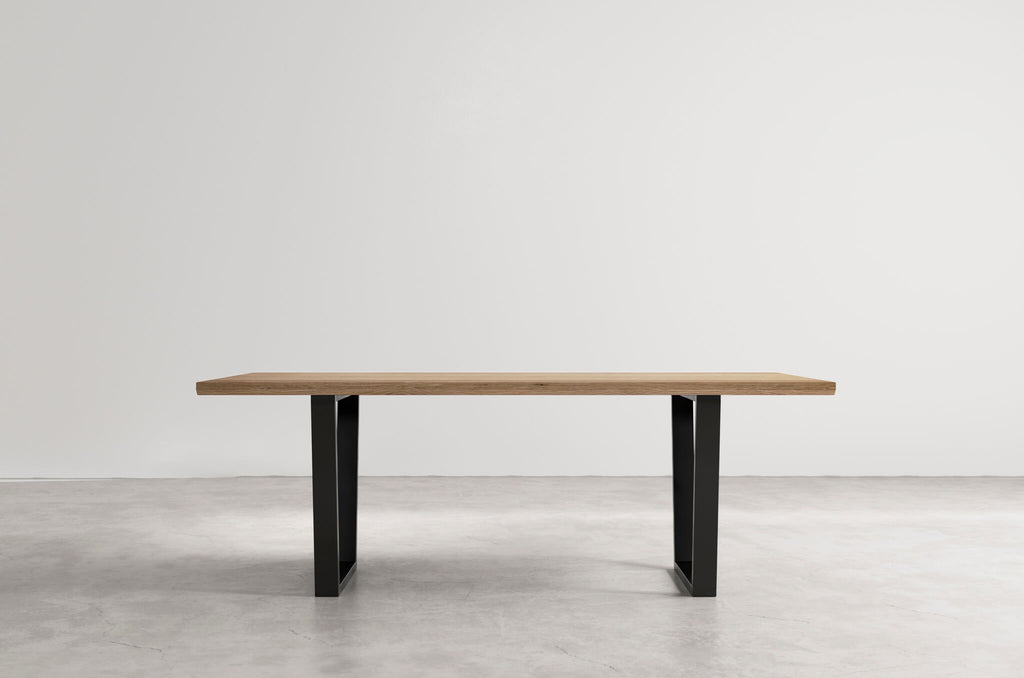 trapezoid rectangular wood dining table natural oak steel base